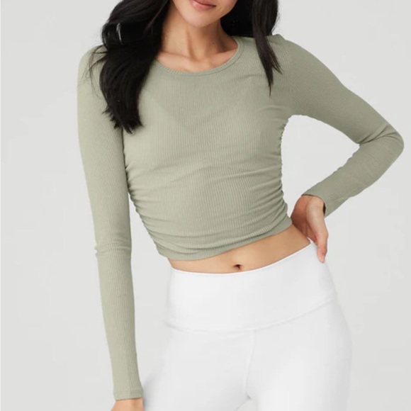 ALO Yoga Tops - ALO Yoga Ribbed Gather Long Sleeve Blouse - Limestone